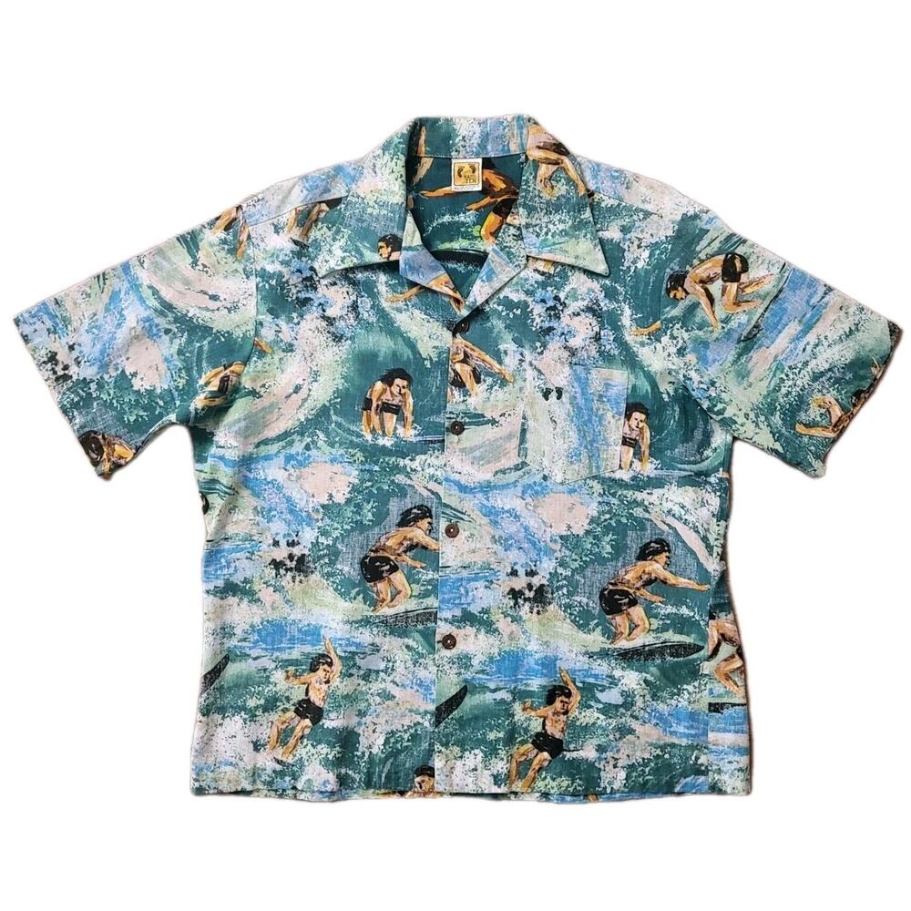 RARE VINTAGE 60S 70S HANG TEN REVERSE PRINT SURFER ALOHA HAWAIIAN SHIRT XL
